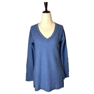 Soft Surroundings Shirt Women XS Blue Ribbed Knit Lace Crochet Sleeves Tunic Top